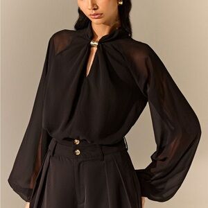 Commense Women’s Black Long-Sleeve Tie-Neck Blouse